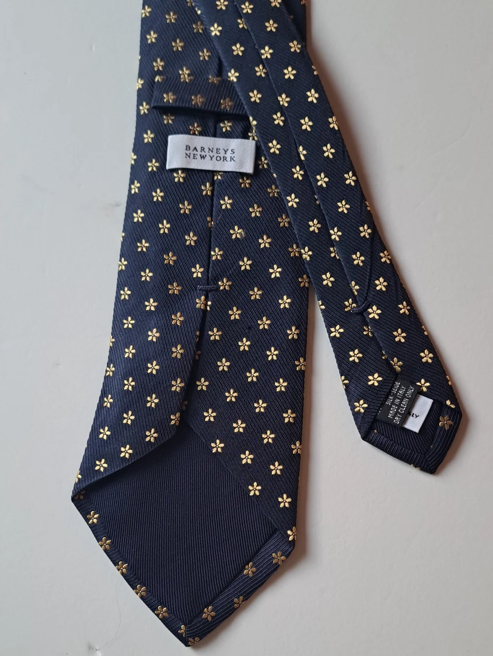 Barneys New York Navy Tie with Gold Floral Dots